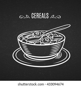 Hand drawn line icon breakfast cereals. Vector illustration decorative cereals in chalk board old style.