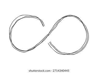Icono de línea dibujada a mano del símbolo del infinito roto. Ilustración vectorial doodle monocromática con múltiples líneas superpuestas