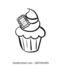 Hand drawn line icon of cupcake decorated with cookie. Outline vector illustration for logo design on white background