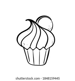 Hand drawn line icon of cupcake decorated with cookie. Outline vector illustration for logo design on white background