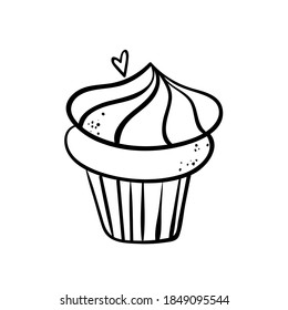 Hand drawn line icon of cupcake decorated with heart. Outline vector illustration for logo design on white background