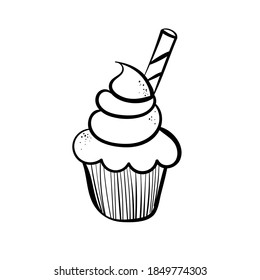 Icono de la línea dibujada a mano del quequito decorado con wafer. Ilustración de vector de contorno para el diseño del logotipo en fondo blanco