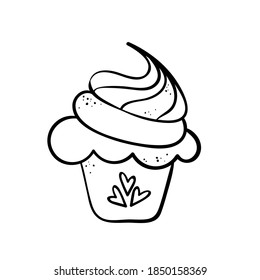 Hand drawn line icon of cupcake decorated with hearts. Outline vector illustration for logo design on white background