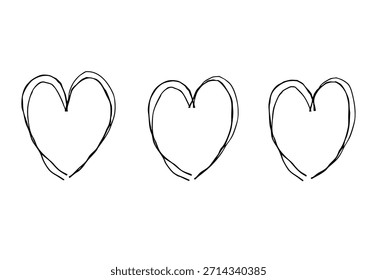 Icono de línea dibujada a mano de tres corazones lindos en una fila. Ilustración vectorial doodle monocromática con líneas superpuestas