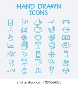 Hand drawn line icons business management company infographic vector logo pictogram collection concept.
