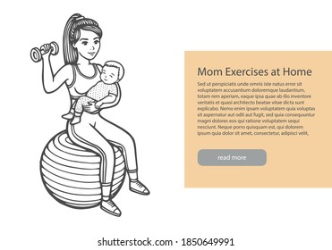 Hand drawn line illustration of baby with baby go in for sports. Stock vector illustration. Fitness for mom and baby. Mom Exercises at Home. Physical Activity Advice for New Moms.