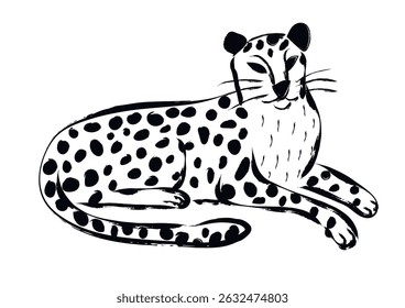 Hand drawn line illustration, cheetah lying down. Cute Animal Illustration on White. Thick Line Leopard on White Background.