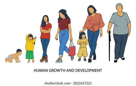 hand drawn line illustration, flat design, human growth and development of newborns, children, adolescents, adults and old