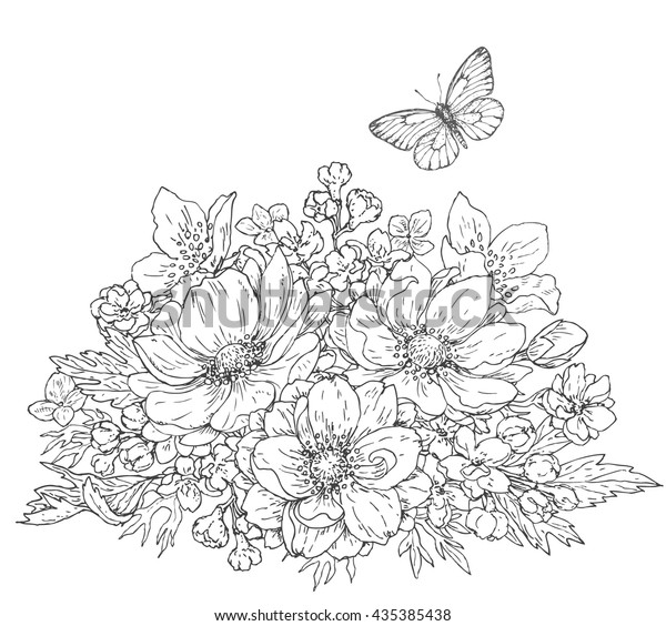 花束と飛ぶ蝶の手描きの線イラスト 白黒の落書き風ブーケとアネモネ カラー用のモノクロ花柄エレメント ベクタースケッチ のベクター画像素材 ロイヤリティ フリー