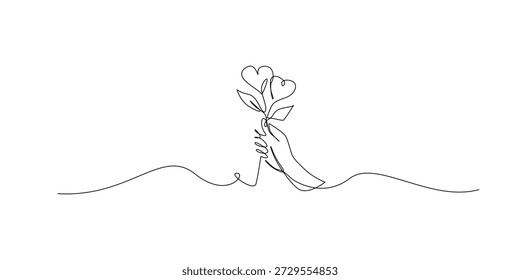Hand drawn line illustration of hands holding flowers. Continuous single line of plant with flowers of love. romance, affection, valentine. one line vector illustration