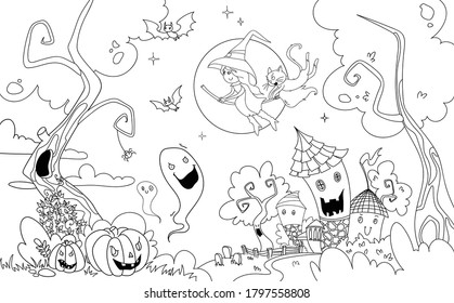 Hand drawn line illustration for kids coloring book. Sketch Halloween. Witch in a hat flies on a broomstick with a cat and a bat. Ghosts houses. Album cover. Coloring book page for adults.