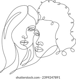 Hand drawn line illustration of LGBT couple girls. Line illustration of lesbian couples. Happy together. Love print. Without piece intelligence