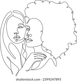 Hand drawn line illustration of LGBT couple girls. Line illustration of lesbian couples. Happy together. Love print. Without piece intelligence