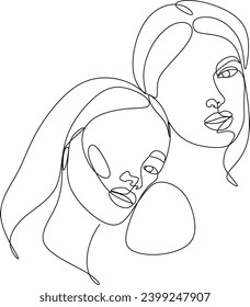 Hand drawn line illustration of LGBT couple girls. Line illustration of lesbian couples. Happy together. Love print. Without piece intelligence