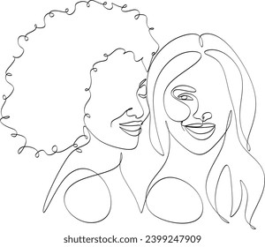 Hand drawn line illustration of LGBT couple girls. Line illustration of lesbian couples. Happy together. Love print. Without piece intelligence