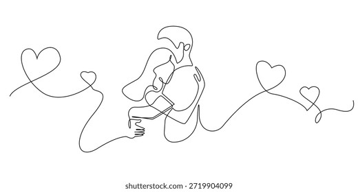 Ilustração de linha desenhada à mão de um homem e mulher abraçando com um símbolo de coração, desenhado em um estilo de linha única contínua para o amor e conceitos de relacionamento.