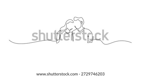 Hand drawn line illustration of a man and woman leaning heads together. Continuous single line showing intimacy, love, comfort, and emotional closeness.