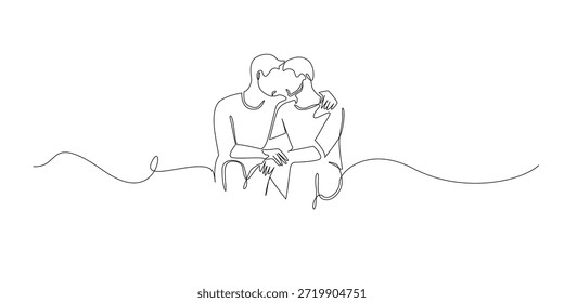 Hand drawn line illustration of two men embracing affectionately, drawn in a continuous single line style for love, equality, and relationship concepts.