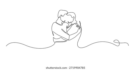 Hand drawn line illustration of two men embracing affectionately, drawn in a continuous single line style for love, equality, and relationship concepts
