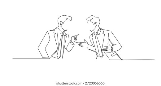 Ilustración de línea dibujada a mano de dos hombres de negocios discutiendo durante una discusión, dibujada en un estilo de línea única continua para los conceptos de conflicto, negociación y comunicación corporativa.