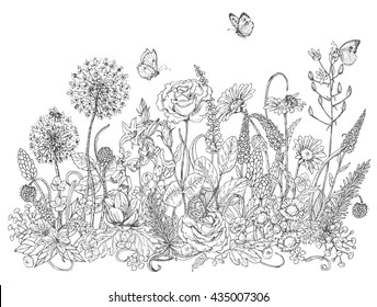 Hand Drawn Line Illustration With Wildflowers And Insects. Black And White Doodle Wild Flowers, Bees And Butterflies For Coloring. Floral Elements For Decoration. Vector Sketch.