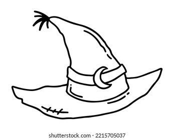 Hand drawn line illustration of witch hat with crescent picture in doodle style