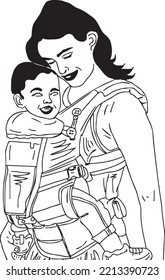 Hand Drawn Line Illustration of a Woman Carrying a Baby in a Sling. lady holding her new born baby in Cool Air Mesh baby carrier bag outline vector