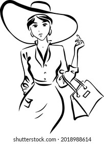 Hand drawn line ink art of a stylish lady holding a bag and wearing a hat