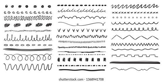 Hand drawn line. Ink pen drawing lines, underline brush and pencil strokes brushes. Frame dividers line, wedding ornament scribble border doodles. Vector isolated elements set