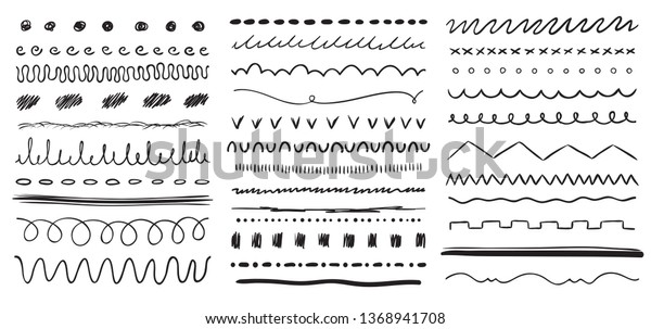 Hand drawn\
line. Ink pen drawing lines, underline brush and pencil strokes\
brushes. Frame dividers line, wedding ornament scribble border\
doodles. Vector isolated elements\
set