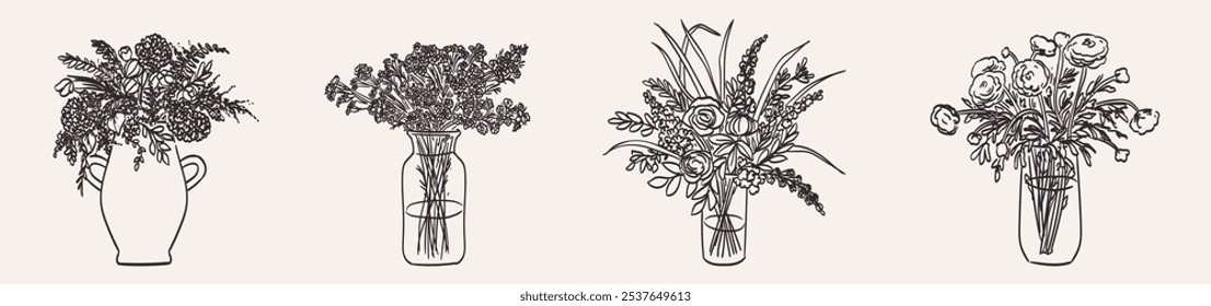 Handgezeichnete Linien Tinte oder Skizze Stil Vasen. Blumenstrauß aus Wildgarten für Hochzeitseinladungen oder Wandmalereien. Clip Art Blumenanordnung in Glasvase. Minimalistische Kreide- oder Holzkohlegrafik.