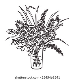 Hand drawn line ink or sketch style vases. Wild garden flower bouquet for wedding invitations or wall art drawing. Clip art flower arrangement in glass vase. Minimalist chalk or charcoal illustration.