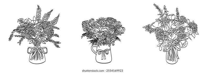 Hand drawn line ink sketch style vases with wild or garden flowers. Bouquet drawing for wedding invitations or wall art. Flower arrangement in glass vase with bows. Minimalist doodle illustration.