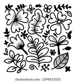 Hand drawn line leaves branches and blooming. Floral doodle design elements. 