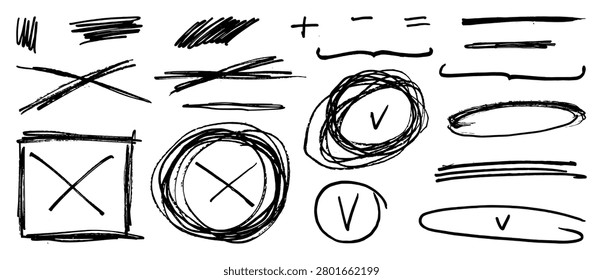 Hand drawn line marks. Mad punk pencil sketches. Pen marker annotations. Check marks, ovals, X V symbols, and crosses. Vector brush doodle underlines. Scribble boxes, chalk ticks and handwritten signs