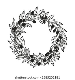 Hand drawn line olive wreath in sketch style. Doodle black drawing for t-shirt print, invitation, card, design. Italian Dolce vita summer element.	
