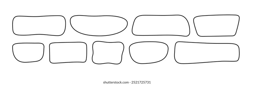 Hand drawn line organic rectangle frames. Abstract doodle liquid shapes. Organic free flat blobs. Irregular fluid bubbles. Empty text box. Vector illustration isolated on white background.