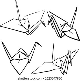 Hand drawn line paper crane set. Origami on white background
Set of outline hand drawn Japanese paper craft origami birds isolated on white background