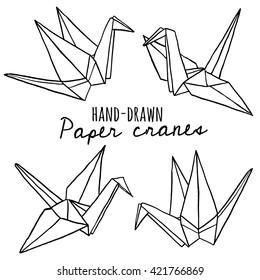 Hand Drawn Line Paper Crane Set. Origami On White Background