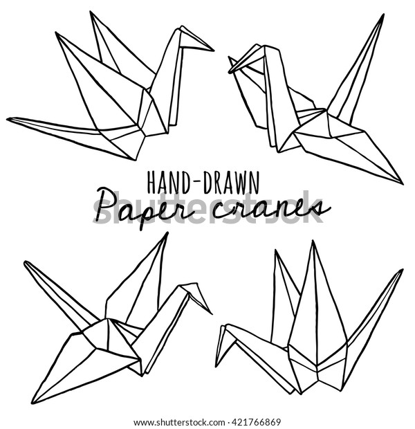 Hand drawn line paper crane set. Origami on\
white background
