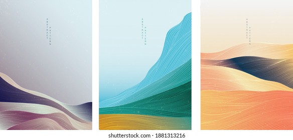 Hand drawn line pattern vector. Abstract art template with geometric pattern. Mountain landscape design in oriental style. 