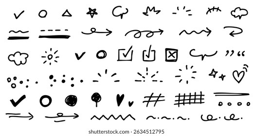 Hand drawn line pen stroke arrow icon set. pencil or pen line , check mark, scribble and texture in rough hand sketch style. Drawn heart, frame, star design shapes. Vector illustration