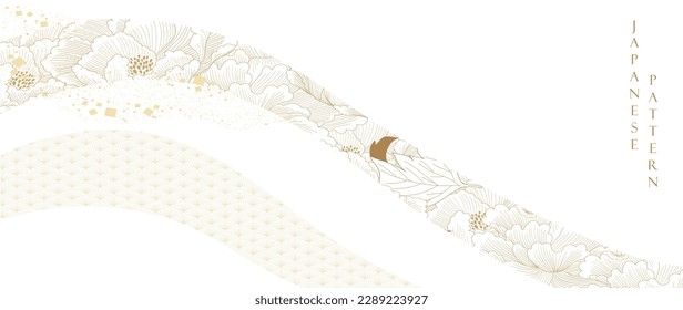 Hand drawn line with peony flower pattern in Japanese style vector. Oriental decoration with logo design, flyer, banner or presentation in vintage style. Brown watercolor texture.