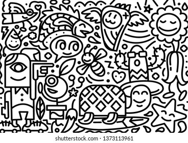 Hand drawn line postcard isolated on white background. Doodle monsters smile Vector.