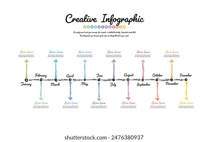 Hand drawn line process 12 months flow chart, Hand drawn presentation, Year planner, 1 year. EPS vector.