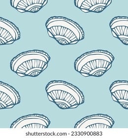 Hand drawn line seashells seamless pattern. Marine background. Wallpapers print design. Vector illustration.