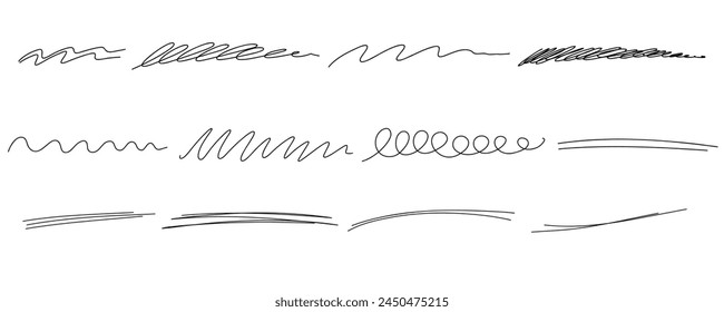 Hand drawn line set. Highlight marker underline, stroke and strike through. Pen line template. Vector illustration isolated on white background.