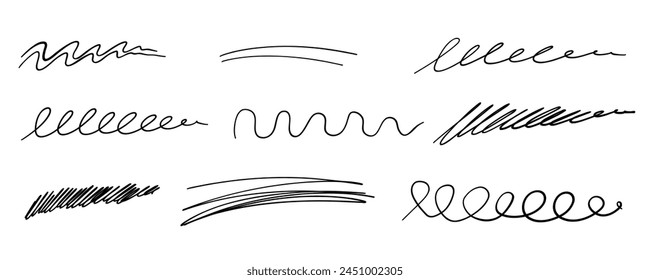 Hand drawn line set. Highlight marker underline, stroke and strike through set. Pen line template. Vector illustration isolated on white background.