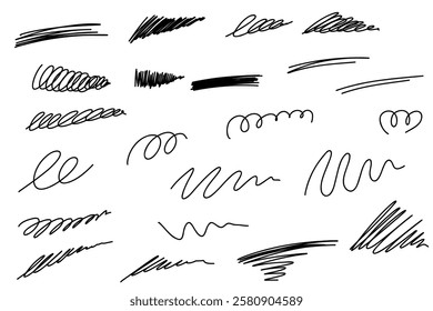 Hand drawn line set. Highlight marker underline, stroke and strike through set. Pen line template. Vector illustration isolated on white background.