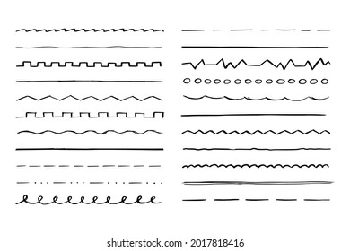Hand drawn line set. Sketch scribble pencil stroke style. Horizontal wave and zigzag doodle line. Vector illustration for border, frame.